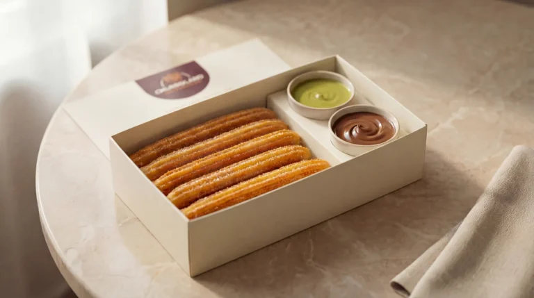 Box of Churroland churros with pistachio and Nutella dips