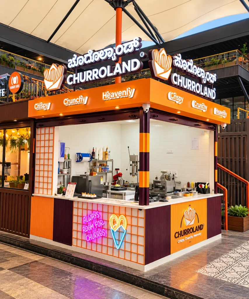 Corner view of the Churroland kiosk with "Always Room For Churros" neon at FerroHub Mall, Budigere Cross