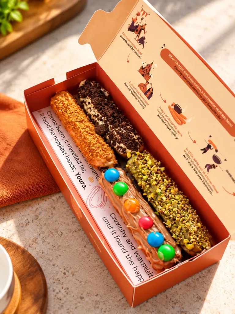 Box of Churroland gourmet filled churros with pistachio, cookie crumb and candy toppings